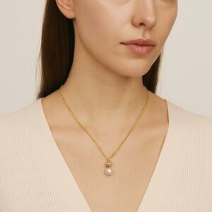 Tory Burch Kira Pearl Gold Double T Logo Pendant Necklace